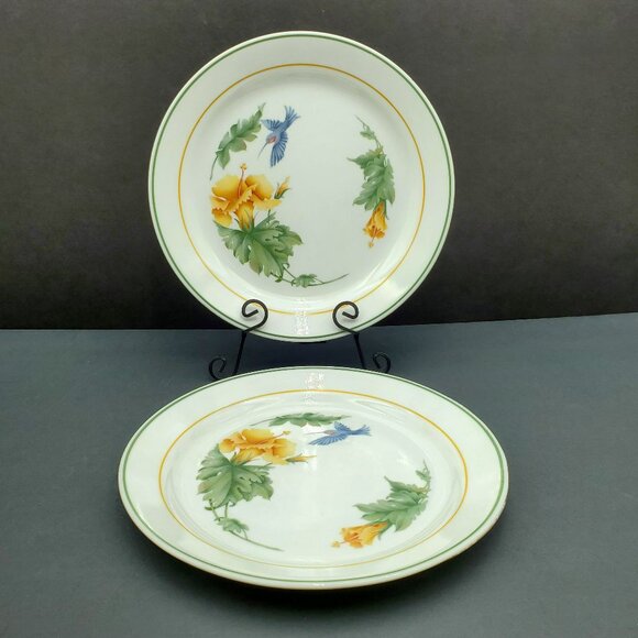 Corelle Hummingbird Dinner Plates Flowers Leaves Green Gold Bands - Picture 1 of 6